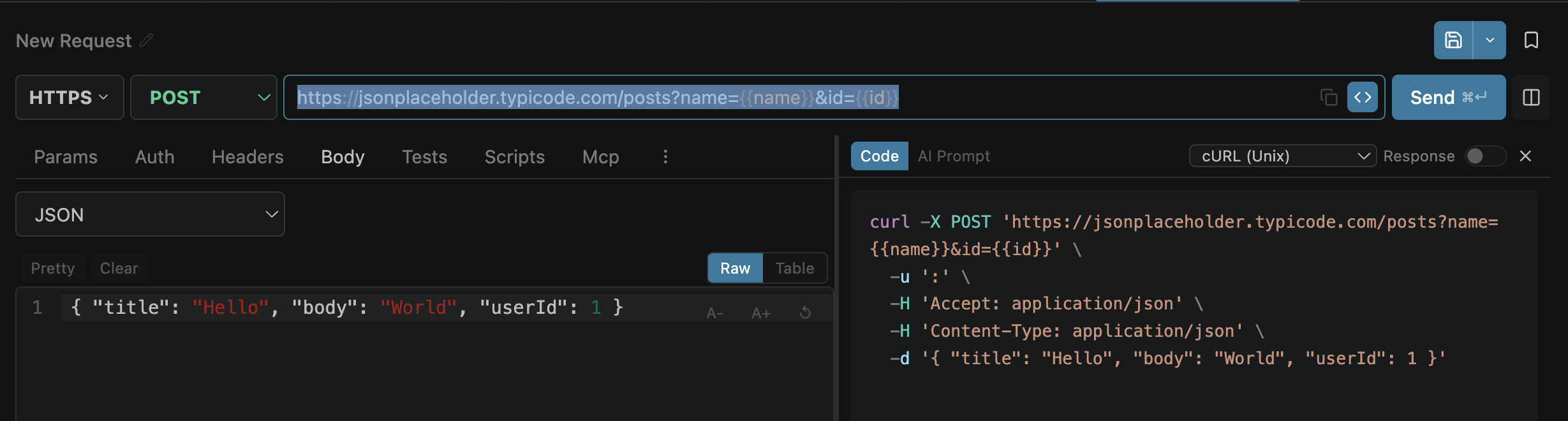 Generated cURL code from a request